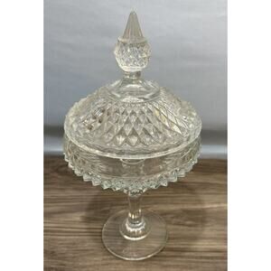 Indiana Glass Co. DIAMOND POINT Tall Footed Candy Dish with Lid Vintage